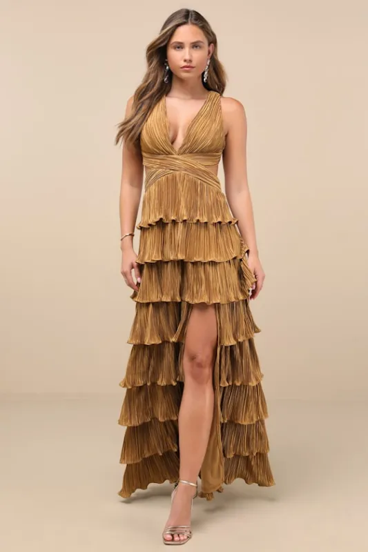 Beauty Icon Gold Satin Pleated Tiered Lace-Up Maxi Dress sold by Lulus