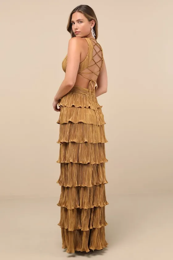 Beauty Icon Gold Satin Pleated Tiered Lace-Up Maxi Dress sold by Lulus product image thumbnail 3