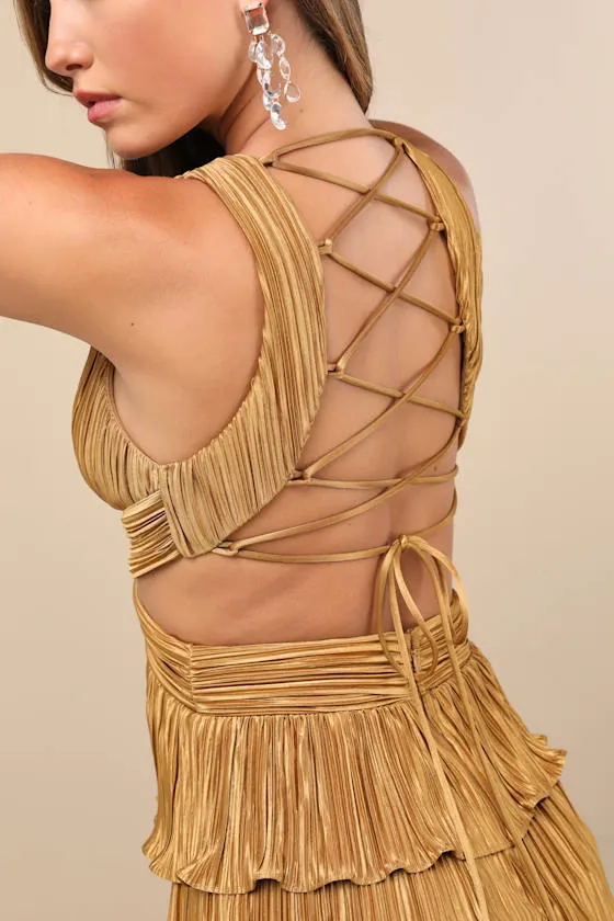 Beauty Icon Gold Satin Pleated Tiered Lace-Up Maxi Dress sold by Lulus product image thumbnail 4