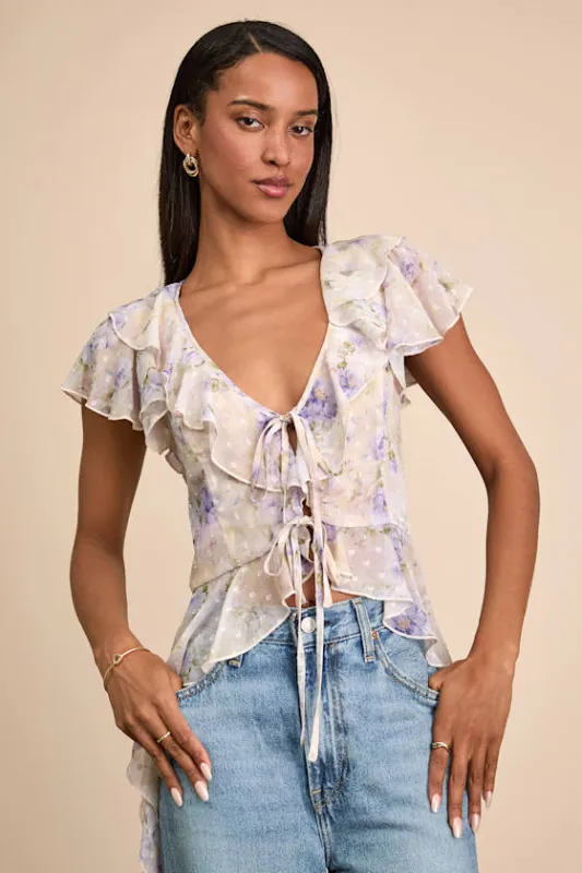 Chelley Cream Floral Ruffled Tie-Front Short Sleeve Top sold by Lulus