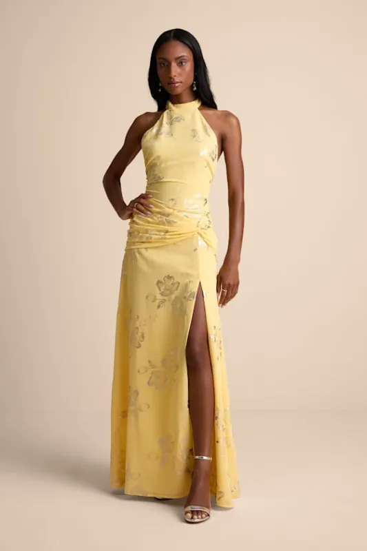 Dayana Yellow Metallic Floral Backless Maxi Dress sold by Lulus