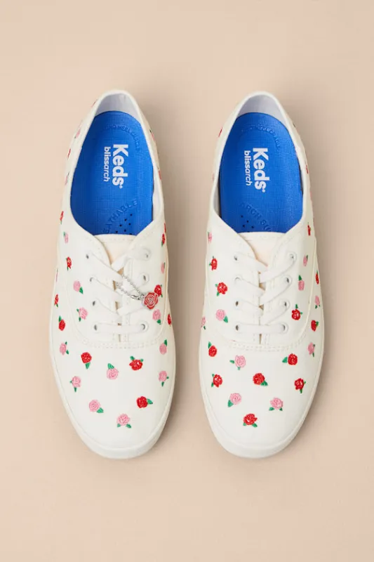 Champion Cream and Red Rose Embroidered Lace-Up Sneakers sold by Lulus