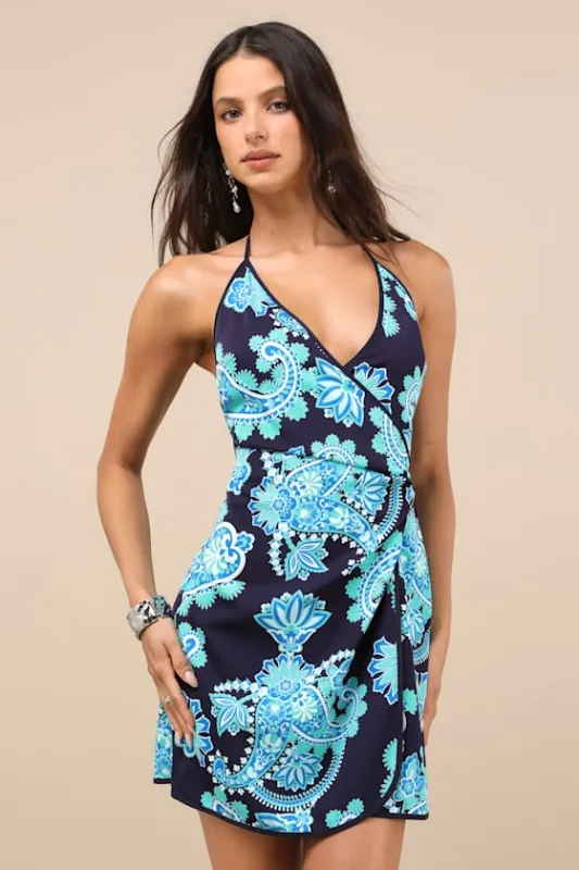 Aelora Dark Navy and Aqua Paisley Print Halter Mini Dress sold by Lulus