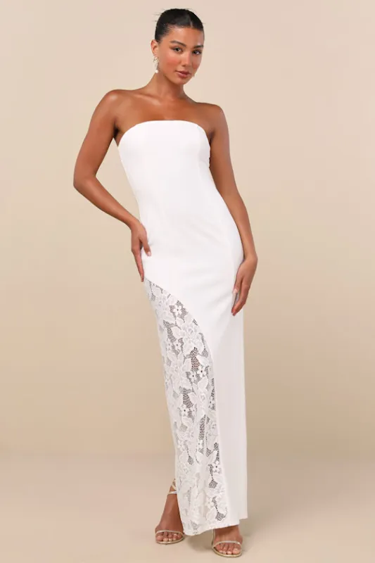 Irresistible Attitude White Strapless Lace Column Maxi Dress sold by Lulus