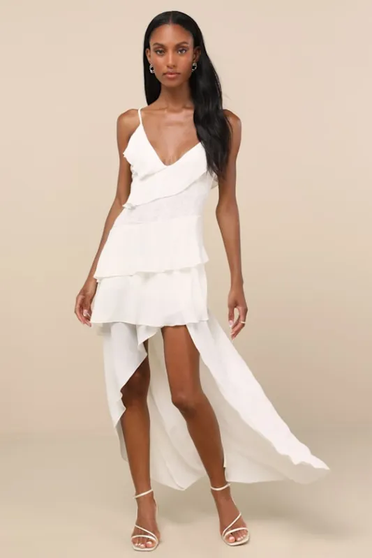 Brinna Ivory Ruffled High-Low Maxi Dress sold by Lulus