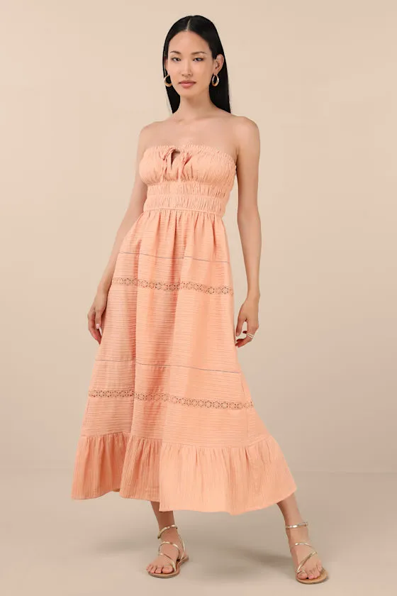 Sylvana Peach Textured Strapless Midi Dress sold by Lulus