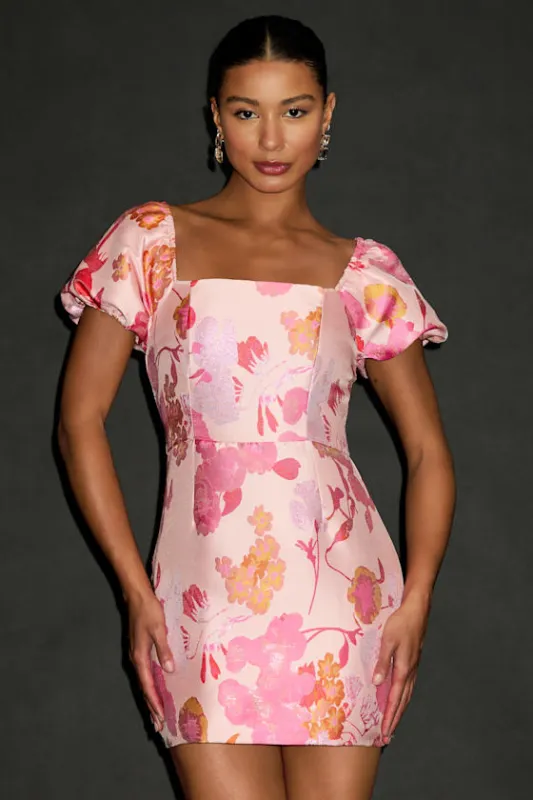 So Stunning Light Pink Floral Jacquard Puff Sleeve Mini Dres sold by Lulus