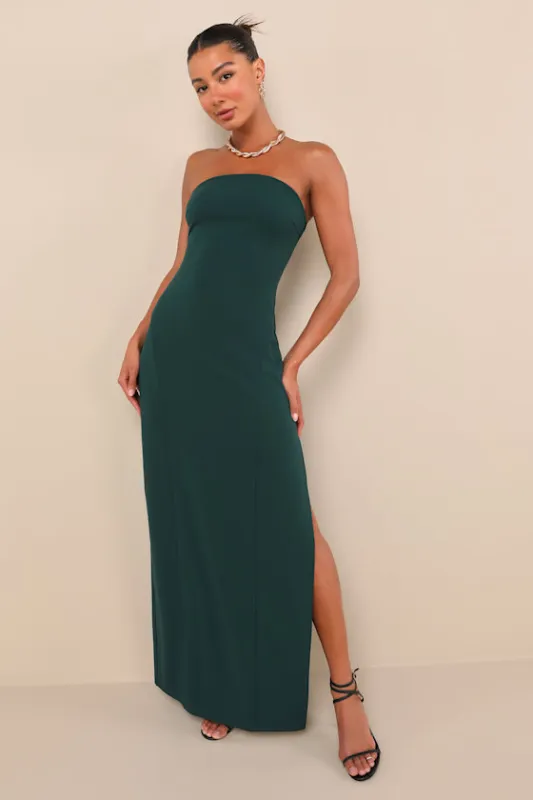 Famous Icon Dark Green Strapless Column Maxi Dress sold by Lulus