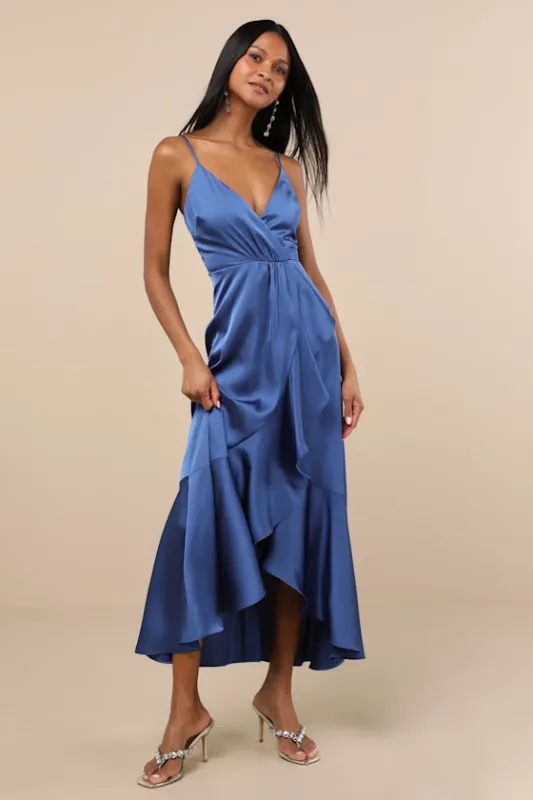 Enchanted Moments Blue Satin Ruffled High-Low Dress sold by Lulus