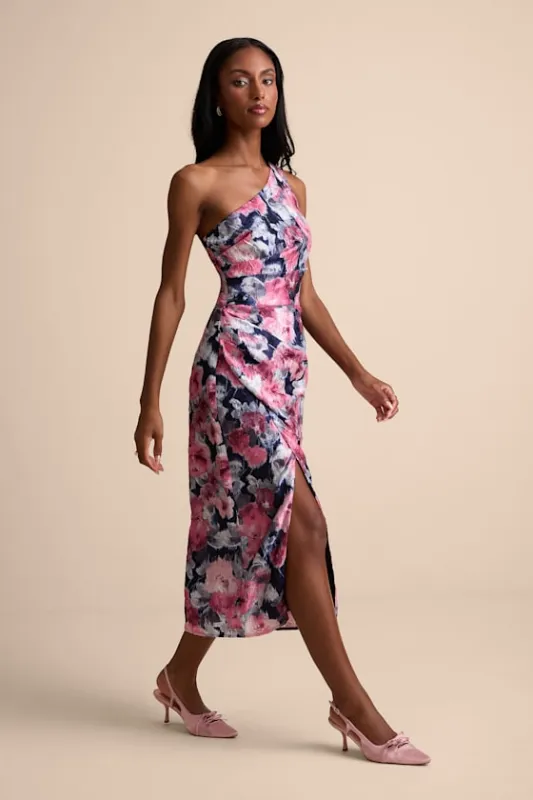 Jemmilah Navy Floral Textured One-Shoulder Midi Dress made by Lulus