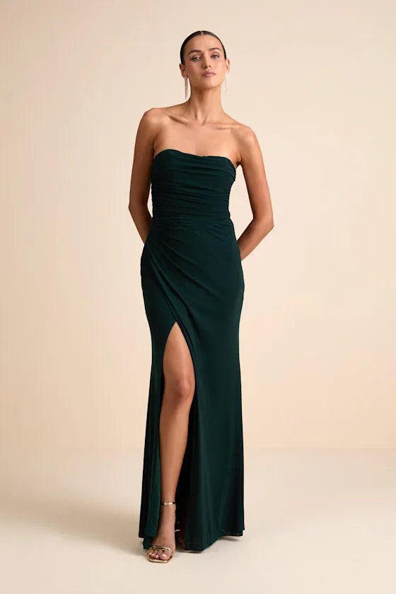 Epitome of Allure Emerald Green Strapless Ruched Tulip Maxi Dres sold by Lulus