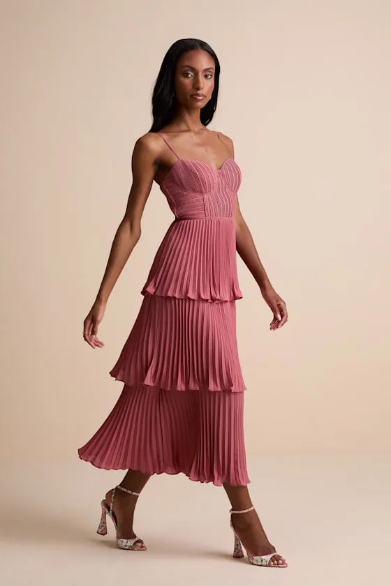 Cascading Crush Rusty Rose Tiered Bustier Midi Dress sold by Lulus