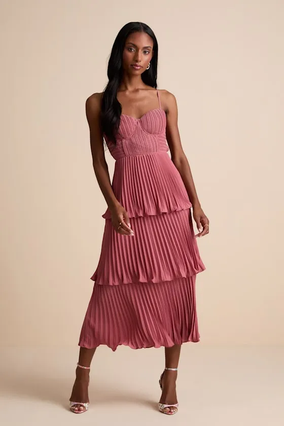 Cascading Crush Rusty Rose Tiered Bustier Midi Dress sold by Lulus product image thumbnail 3