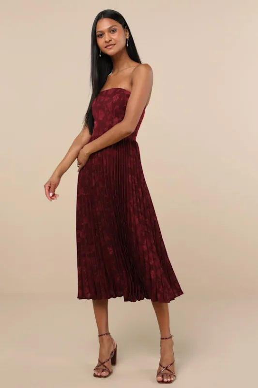 Perfectly Stunning Burgundy Jacquard Strapless Midi Dress sold by Lulus