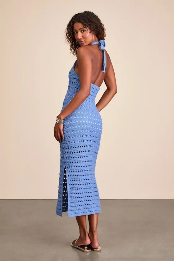 Calabria Periwinkle Blue Crochet Knit Halter Midi Dress sold by Lulus product image thumbnail 4