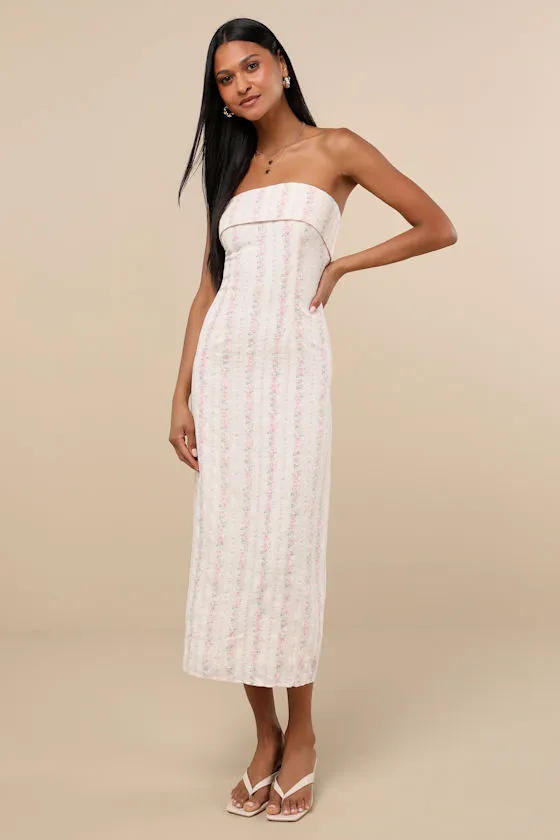 Cosetta Ivory Floral Strapless Midi Dress sold by Lulus