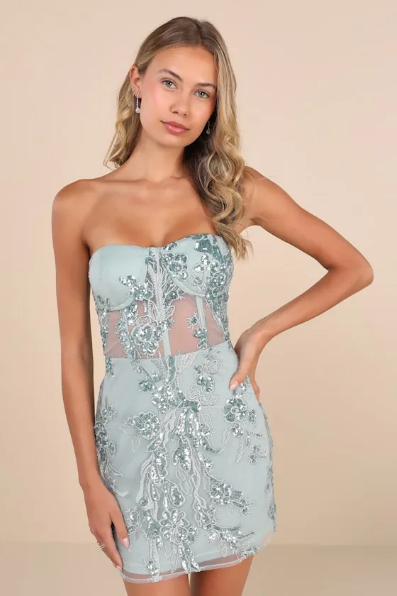 Unreal Date Sage Blue Sequin Embroidered Strapless Mini Dress sold by Lulus