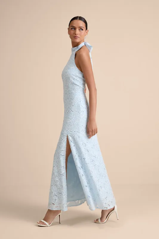 Vaelyn Light Blue Crochet Lace Halter Maxi Dress made by Lulus