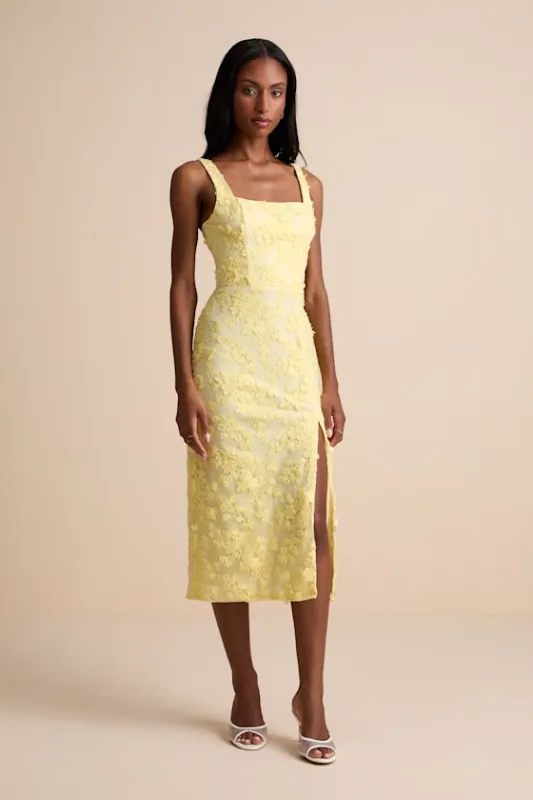 Chesley Light Yellow 3D Floral Embroidered Tie-Back Midi Dress sold by Lulus