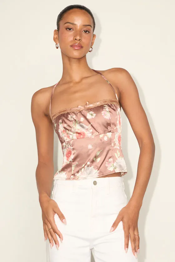 Demi Mauve Floral Satin Halter Cami Top sold by Lulus