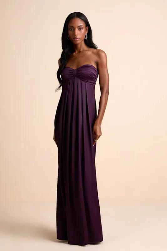 Memorable Entrance Dark Purple Strapless Satin Maxi Dress sold by Lulus