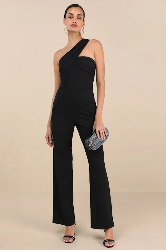 Devoted to Fun Black One-Shoulder Sleeveless Jumpsuit sold by Lulus