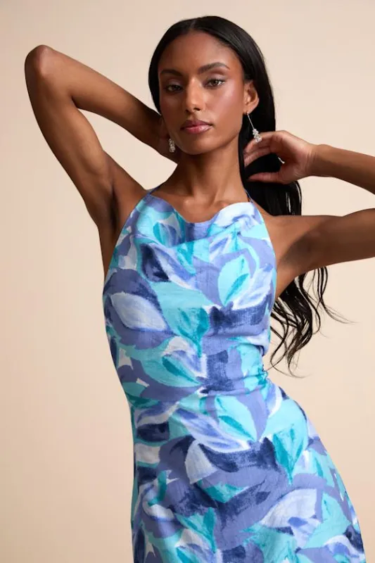 Valdria Blue Abstract Cowl Halter Midi Dress sold by Lulus