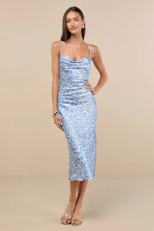 Midiana Light Blue Abstract Floral Tie-Back Midi Dress sold by Lulus