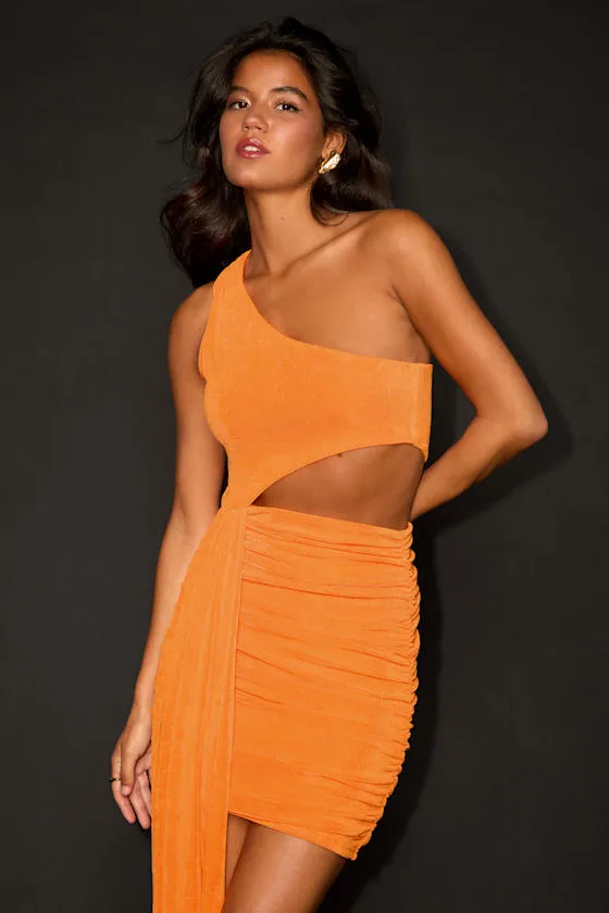 Neila Orange One-Shoulder Cutout Sash Mini Dress sold by Lulus