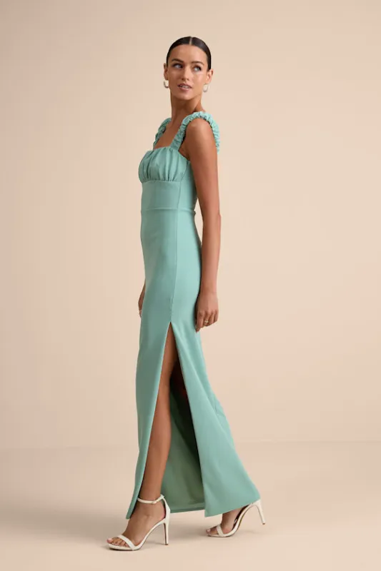 Tayla Sage Sleeveless Ruched Column Maxi Dress sold by Lulus