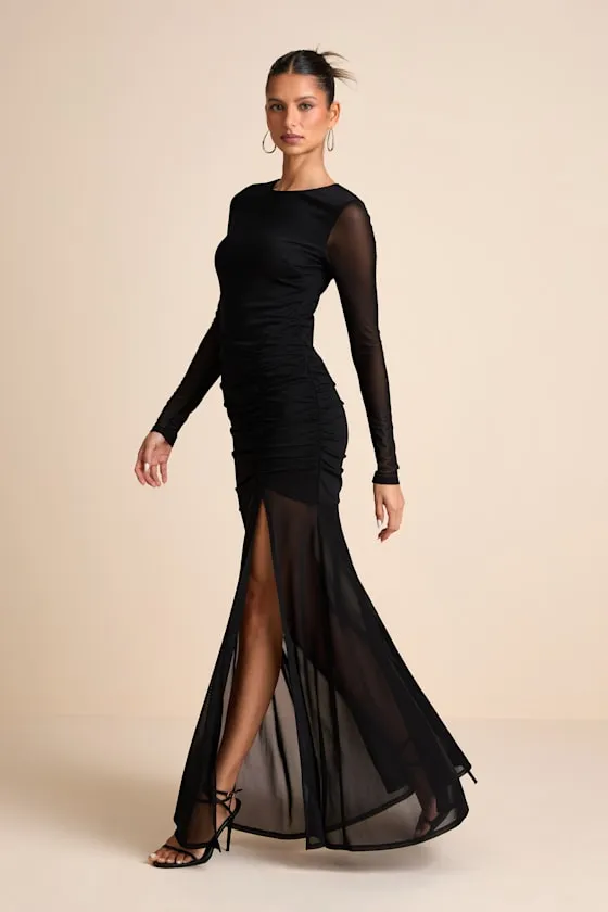 Vibrant Poise Black Mesh Ruched Maxi Dress sold by Lulus