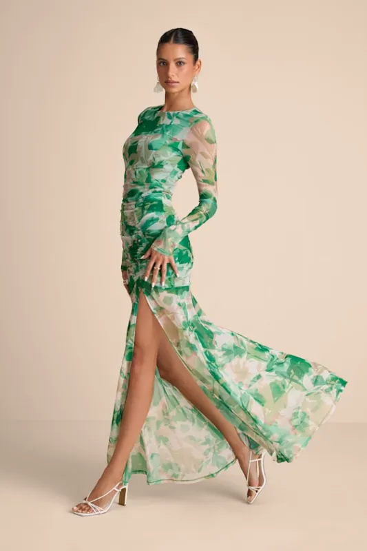 Vibrant Poise Green Floral Print Mesh Ruched Maxi Dress sold by Lulus