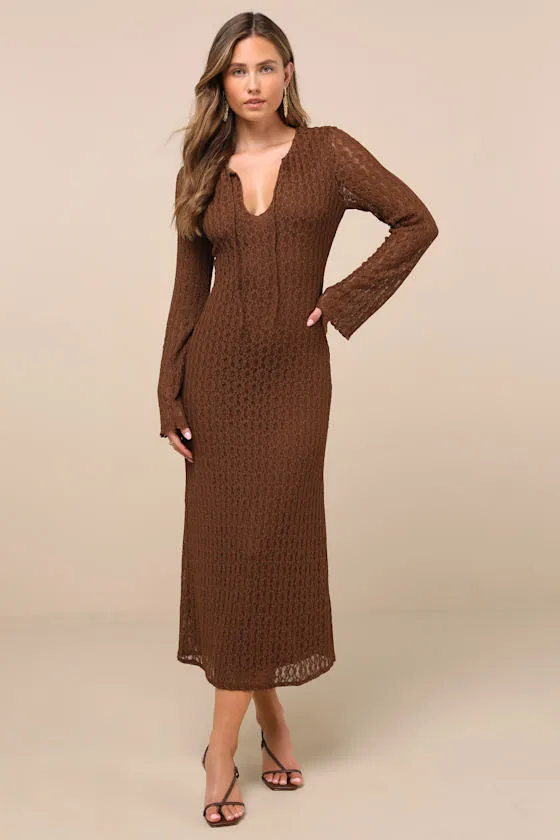 Wivina Brown Crochet Knit Long Sleeve Midi Dress sold by Lulus product image thumbnail 2