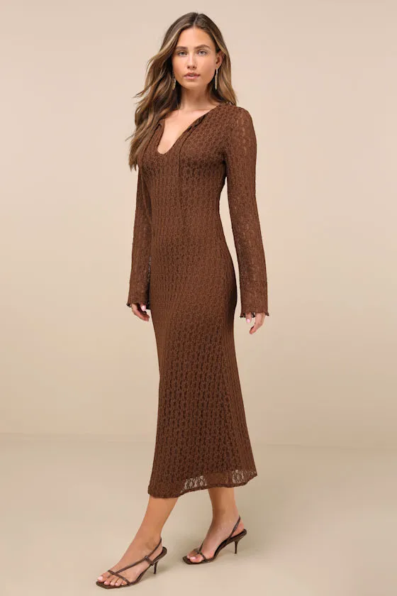 Wivina Brown Crochet Knit Long Sleeve Midi Dress sold by Lulus product image thumbnail 3