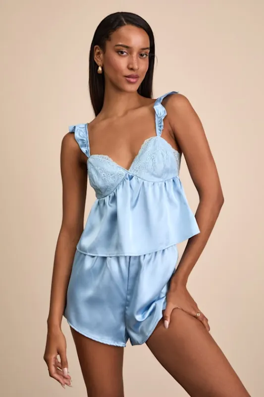 Keona Light Blue Satin Lace Ruffled Two-Piece Pajama Set sold by Lulus