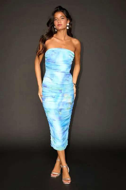 Vania Blue Abstract Mesh Ruched Strapless Midi Dress sold by Lulus