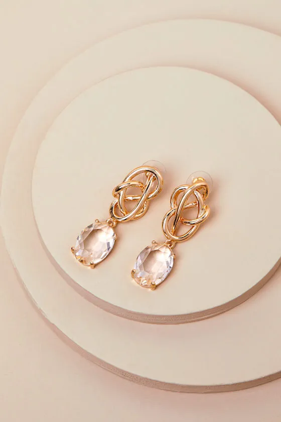 Upscale Delight Gold Twisted Chunky Rhinestone Charm Earrings sold by Lulus