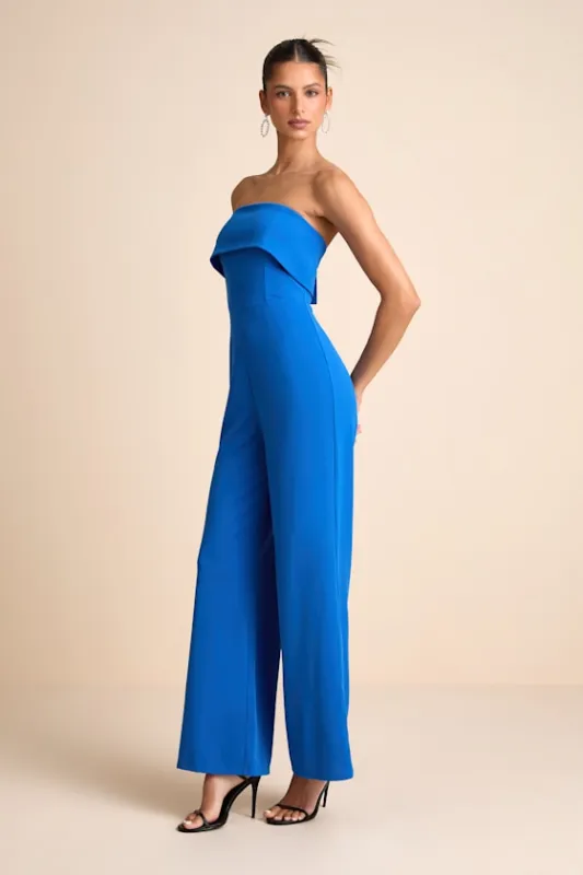 Carmo Blue Strapless Straight Leg Jumpsuit sold by Lulus