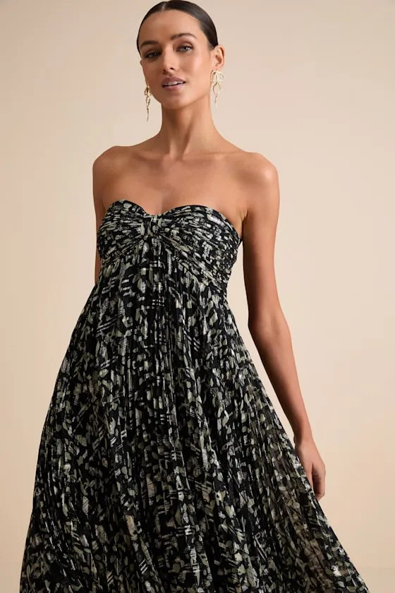 Lynwen Black Abstract Pleated Strapless Maxi Dress sold by Lulus