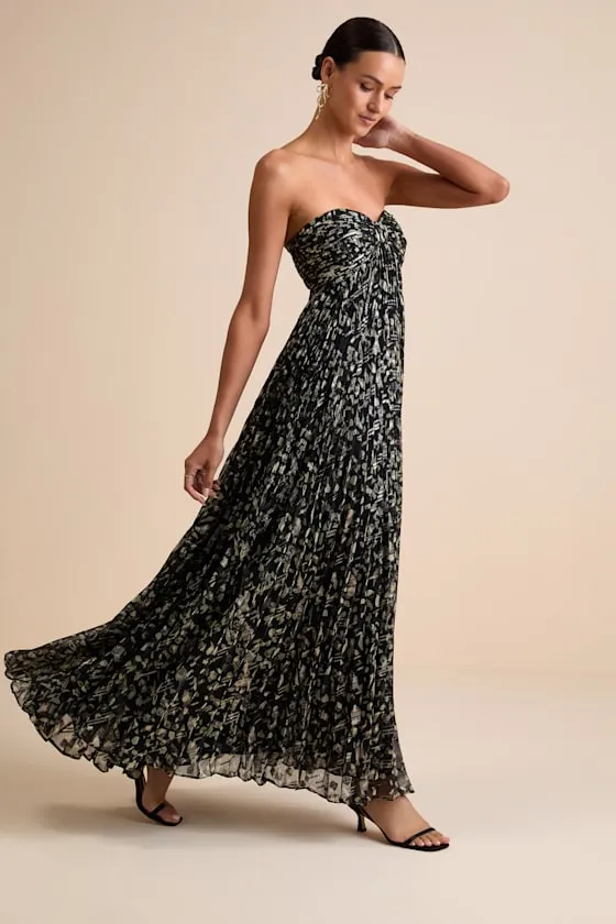 Lynwen Black Abstract Pleated Strapless Maxi Dress sold by Lulus product image thumbnail 2