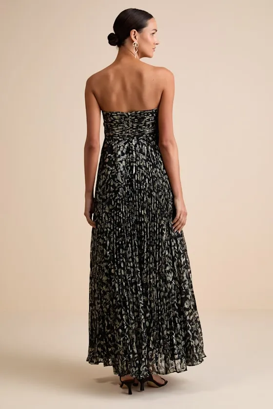 Lynwen Black Abstract Pleated Strapless Maxi Dress sold by Lulus product image thumbnail 3