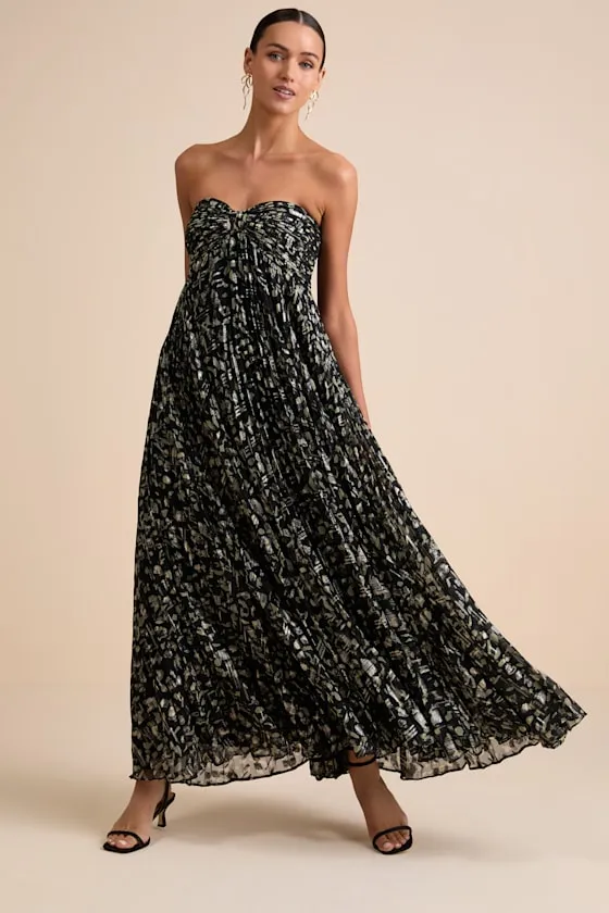 Lynwen Black Abstract Pleated Strapless Maxi Dress sold by Lulus product image thumbnail 4