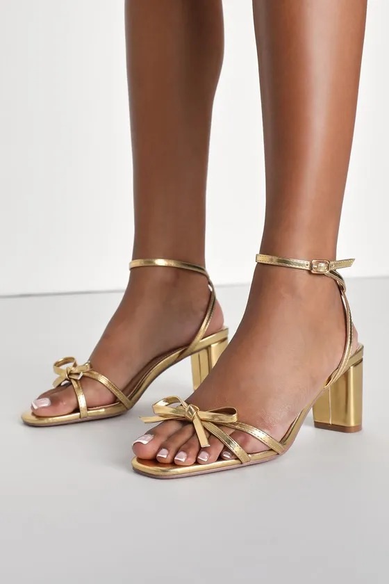 Rezzy Gold Bow Ankle Strap High Heel Sandals sold by Lulus
