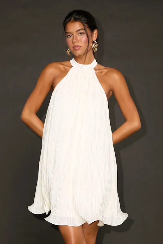 Vaivah White Satin Plisse Mock Neck Swing Mini Dress sold by Lulus