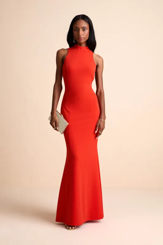 Damaris Bright Orange Mock Neck Backless Maxi Dress sold by Lulus
