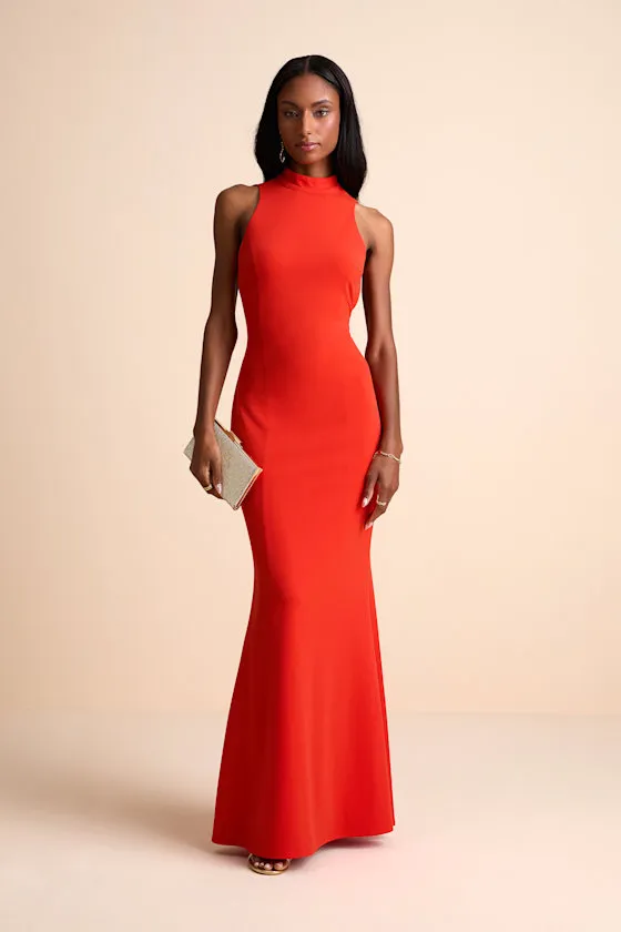 Damaris Bright Orange Mock Neck Backless Maxi Dress sold by Lulus