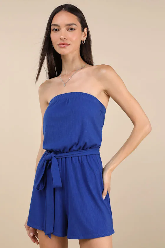 Leisurely Moments Royal Blue Ribbed Knit Strapless Lounge Romper sold by Lulus
