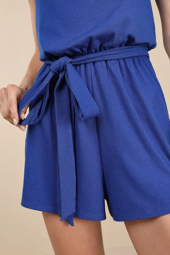Leisurely Moments Royal Blue Ribbed Knit Strapless Lounge Romper sold by Lulus product image thumbnail 4