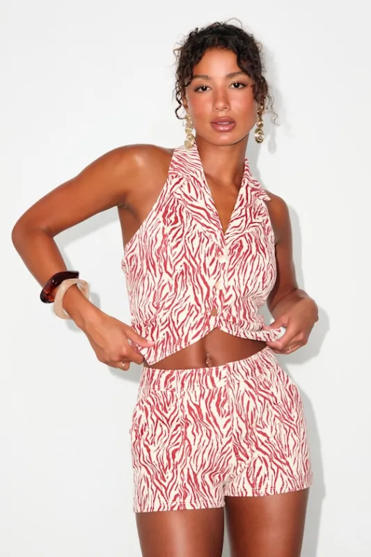 Chansa Red and White Zebra High-Rise Shorts sold by Lulus