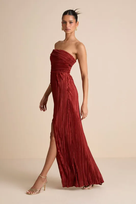 Poised Performance Rust Red Plisse One-Shoulder Maxi Dress sold by Lulus